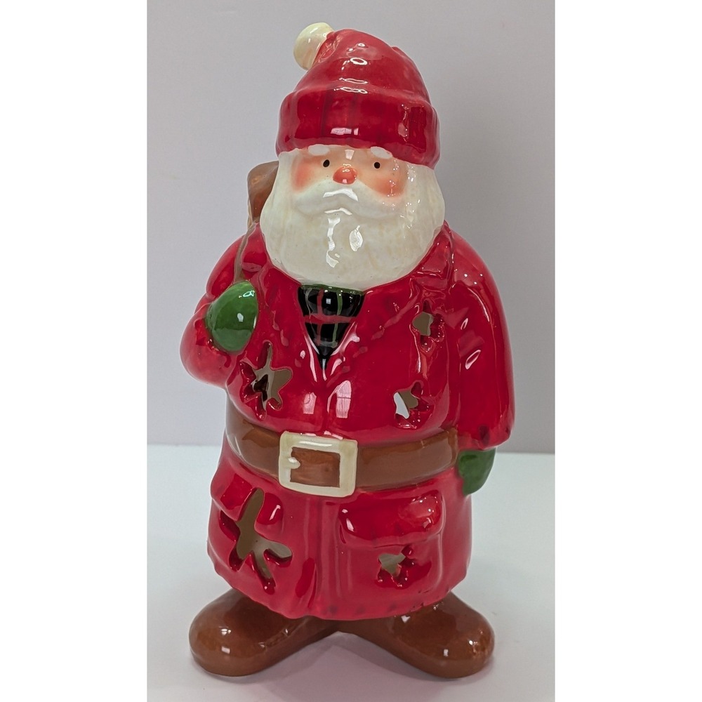 Hallmark Santa Claus Candle Holder Christmas Red Ceramic Excellent Star Cutouts